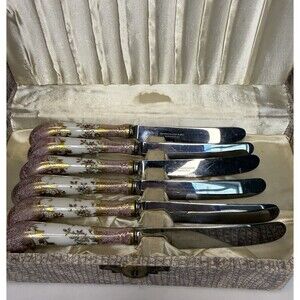 VTG A.E. Lewis “Floraine” Porcelain Handle Cheese Butter Knives Pink Floral Set